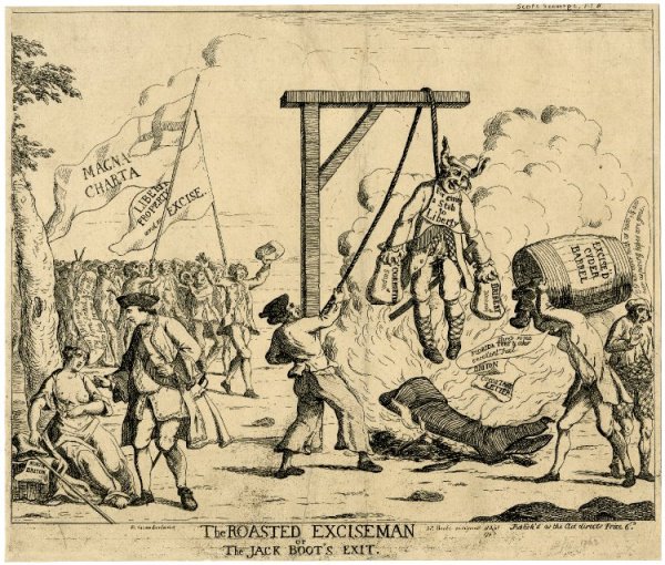 The Roasted Exciseman, or The Jack Boot's Exit, (1763), © The Trustees of the British Museum