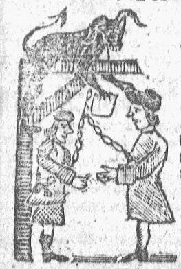 Bute, in tartan plaid, and Grenville hanged in effigy below the Devil in Boston, in the Boston Gazette, February 24th 1766, issue 569