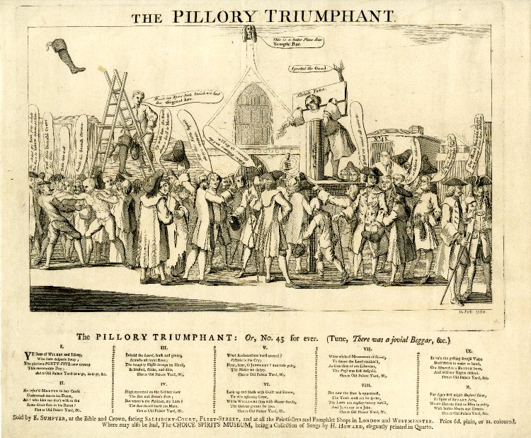 Wilkite printers punished with the pillory. The punishment backfired when crowds celebrated the pilloried men instead of pelting them with abuse © The Trustees of the British Museum